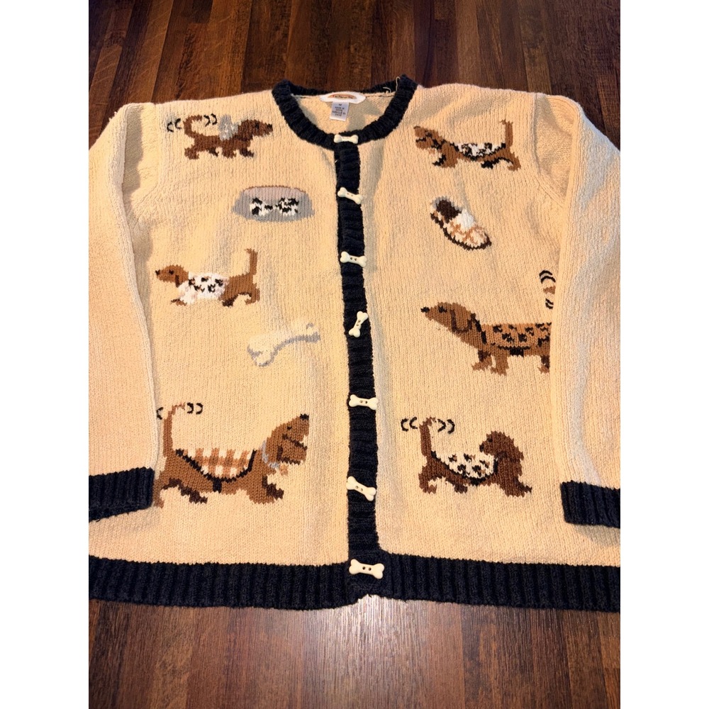 Talbots Vintage Dog Intarsia Knit Cardigan Sweater Bone Buttons Tan Navy Blue M